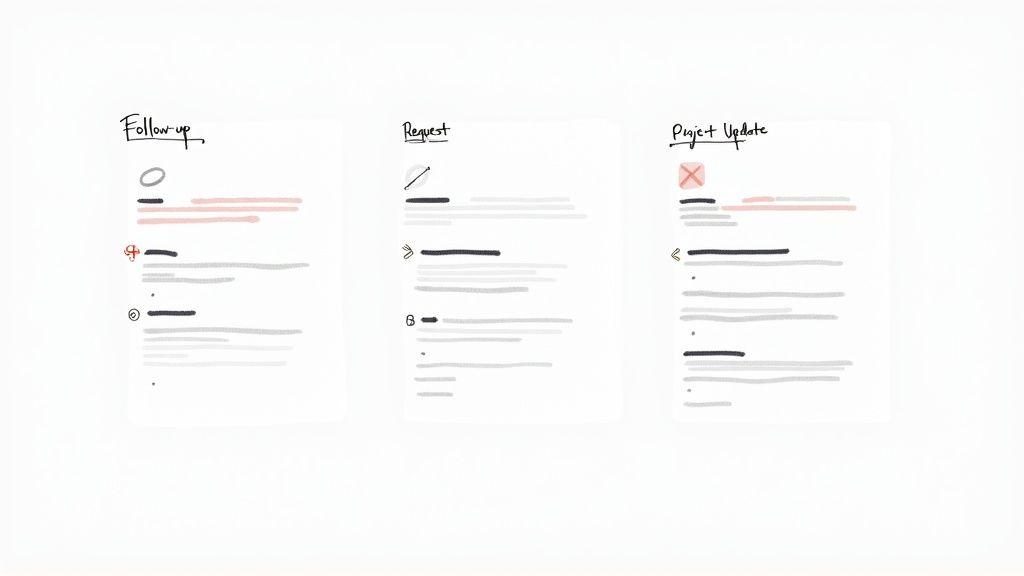 A visual guide showing different elements for professional email types like follow-up, request, and project updates.