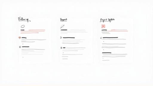 A visual guide showing different elements for professional email types like follow-up, request, and project updates.