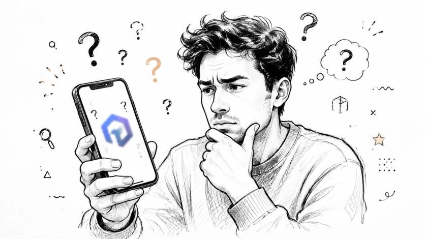 A sketched illustration of a confused man holding a smartphone displaying an abstract hexagonal digital logo icon.