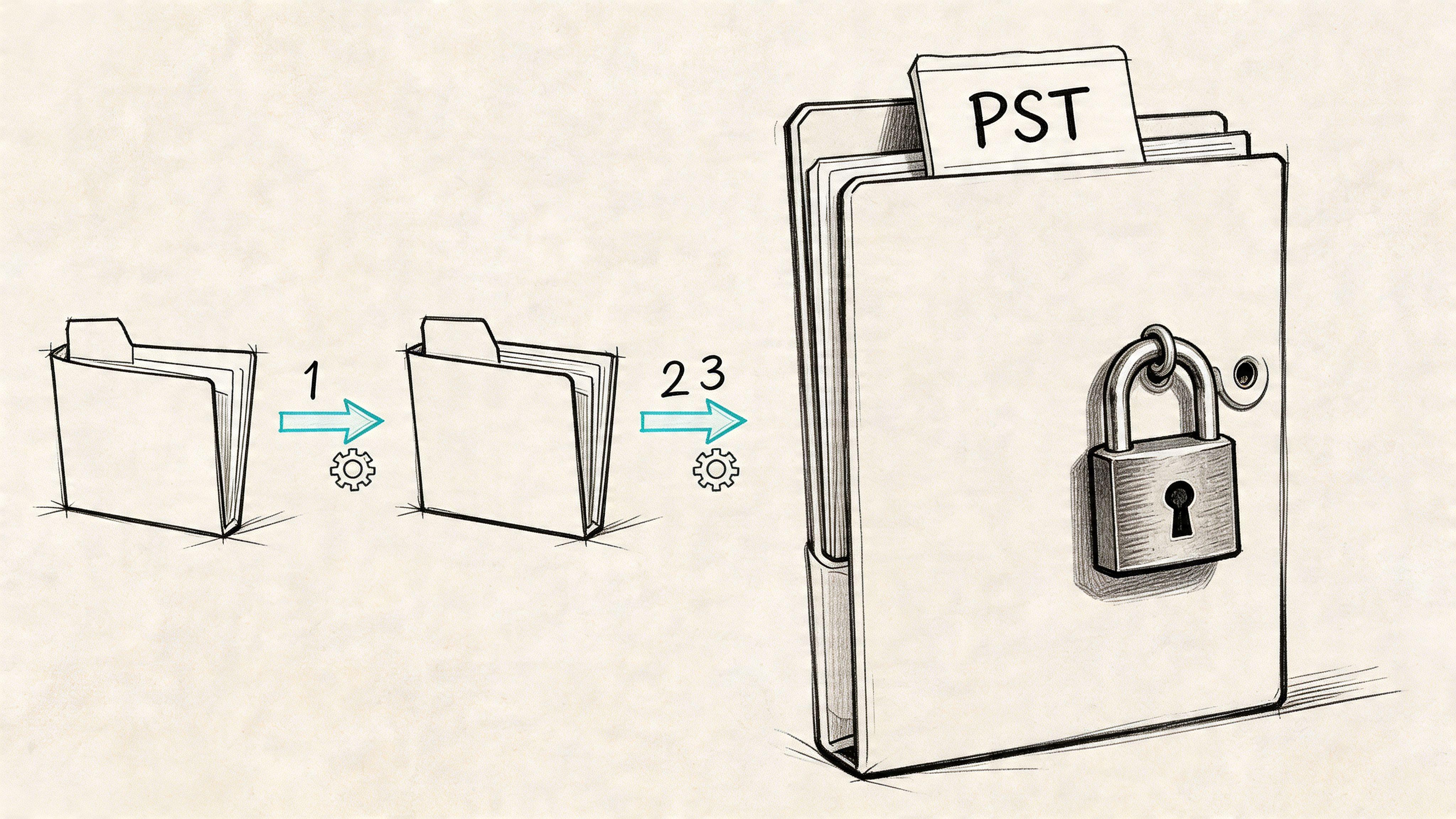 A digital sketch showing a folder undergoing a transformation process into a locked, password-protected PST file folder.