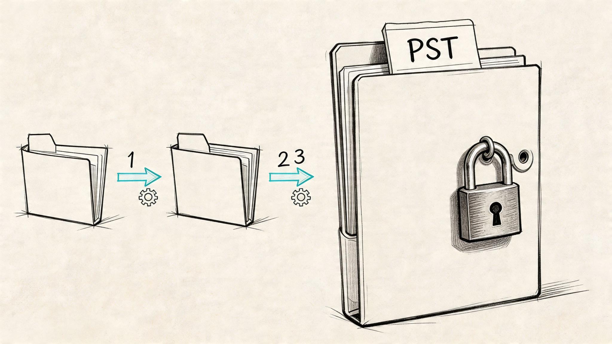 A digital sketch showing a folder undergoing a transformation process into a locked, password-protected PST file folder.
