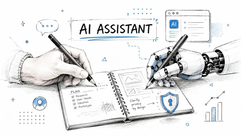 A human hand and a robotic hand writing together in a notebook illustrating AI collaboration concepts.