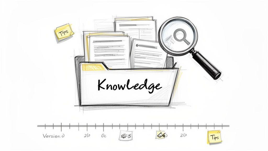 Hand-drawn illustration of a 'Knowledge' folder, documents, a magnifying glass, and a project timeline with tips.