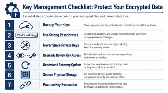 A checklist infographic outlining seven essential steps for managing and protecting your digital encryption keys securely.