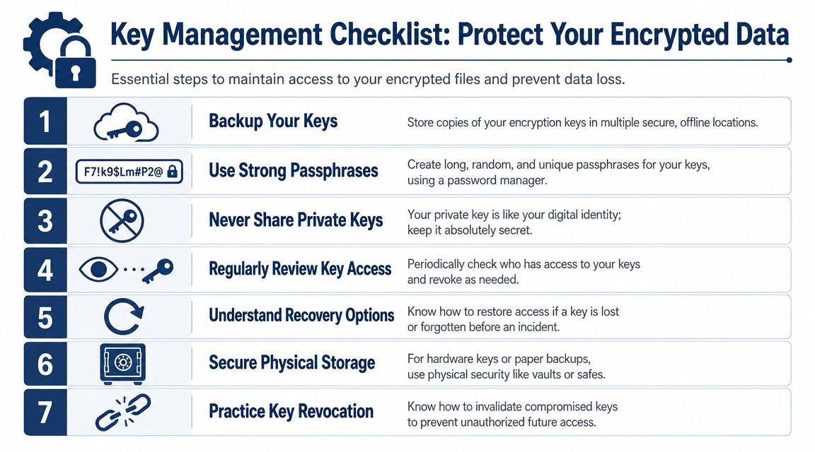 A checklist infographic outlining seven essential steps for managing and protecting your digital encryption keys securely.