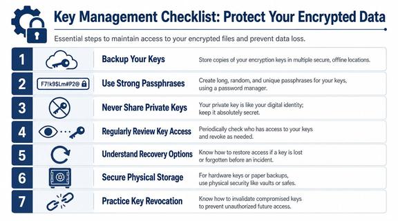 A checklist infographic outlining seven essential steps for managing and protecting your digital encryption keys securely.