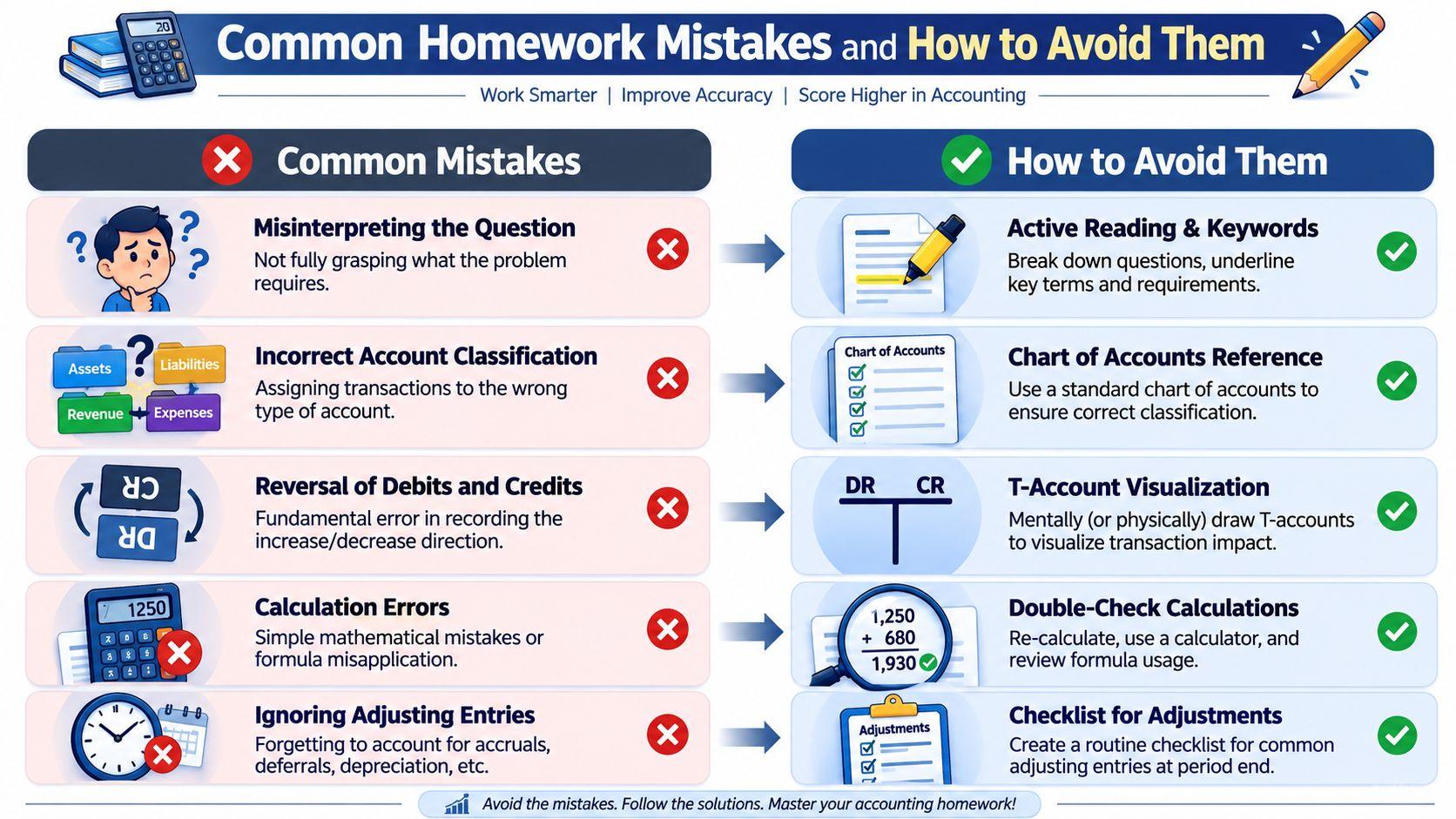 A guide illustrating common accounting homework mistakes and practical strategies to avoid them for better accuracy.
