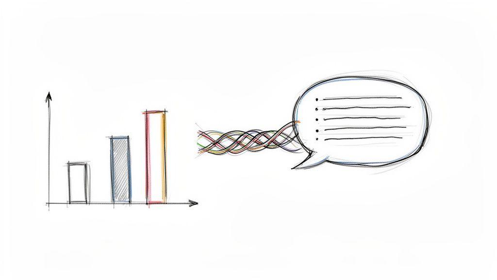 A hand-drawn bar chart connected by colorful lines to a speech bubble with text, symbolizing data insights.