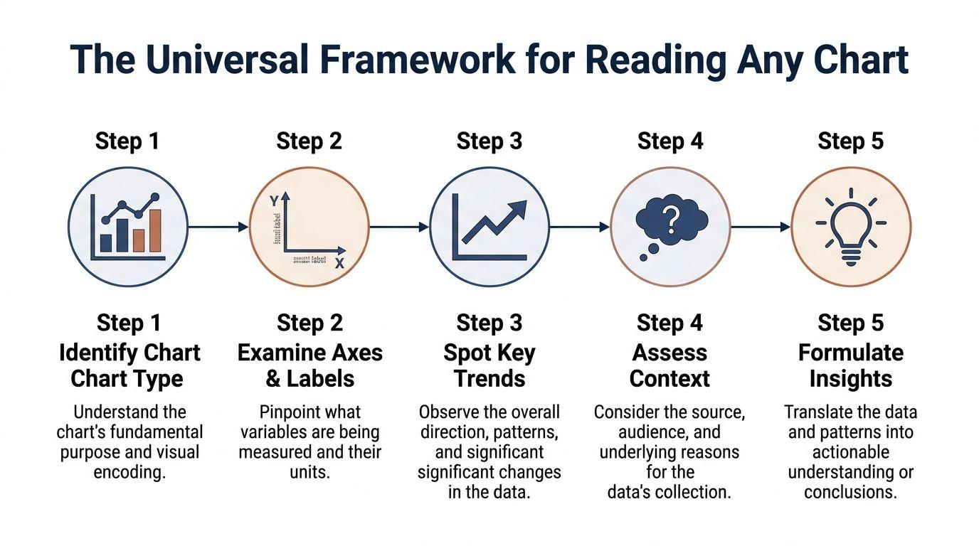 A five-step framework infographic illustrating the logical process for analyzing and interpreting data visualizations and charts.