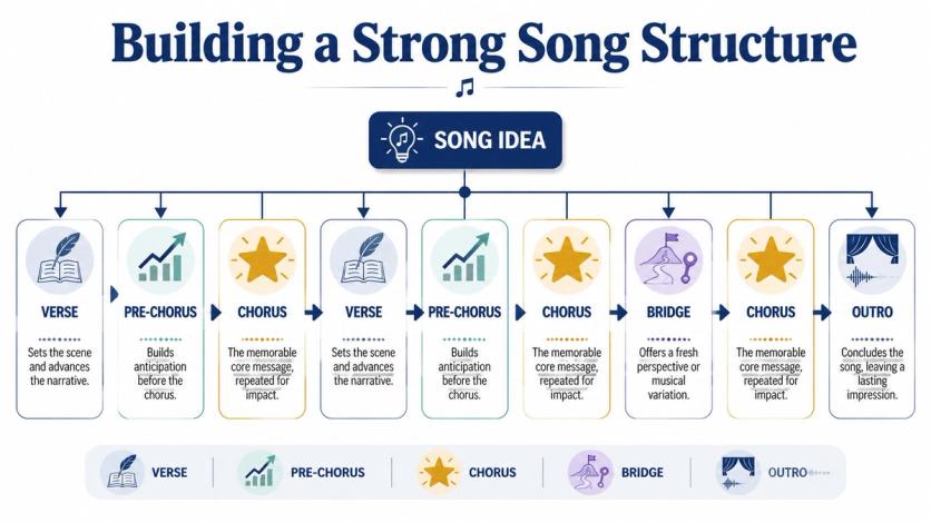 A diagram illustrating a standard song structure including verse, pre-chorus, chorus, bridge, and outro segments.