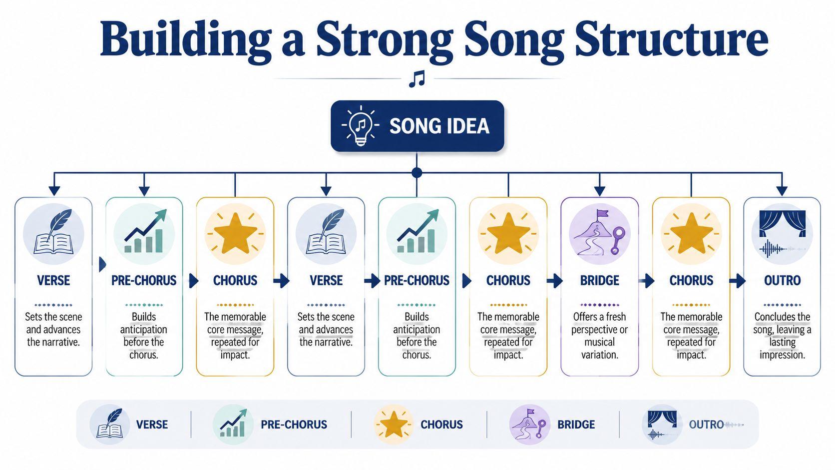 A diagram illustrating a standard song structure including verse, pre-chorus, chorus, bridge, and outro segments.