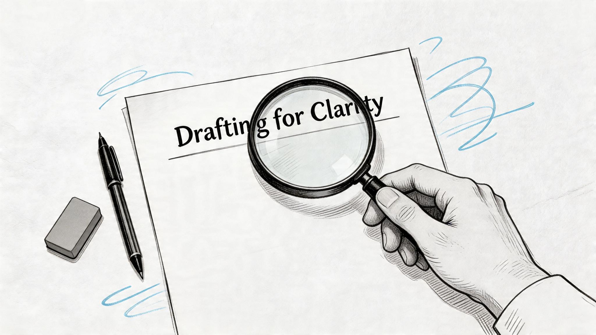 A hand using a magnifying glass to examine a document titled Drafting for Clarity on white paper.