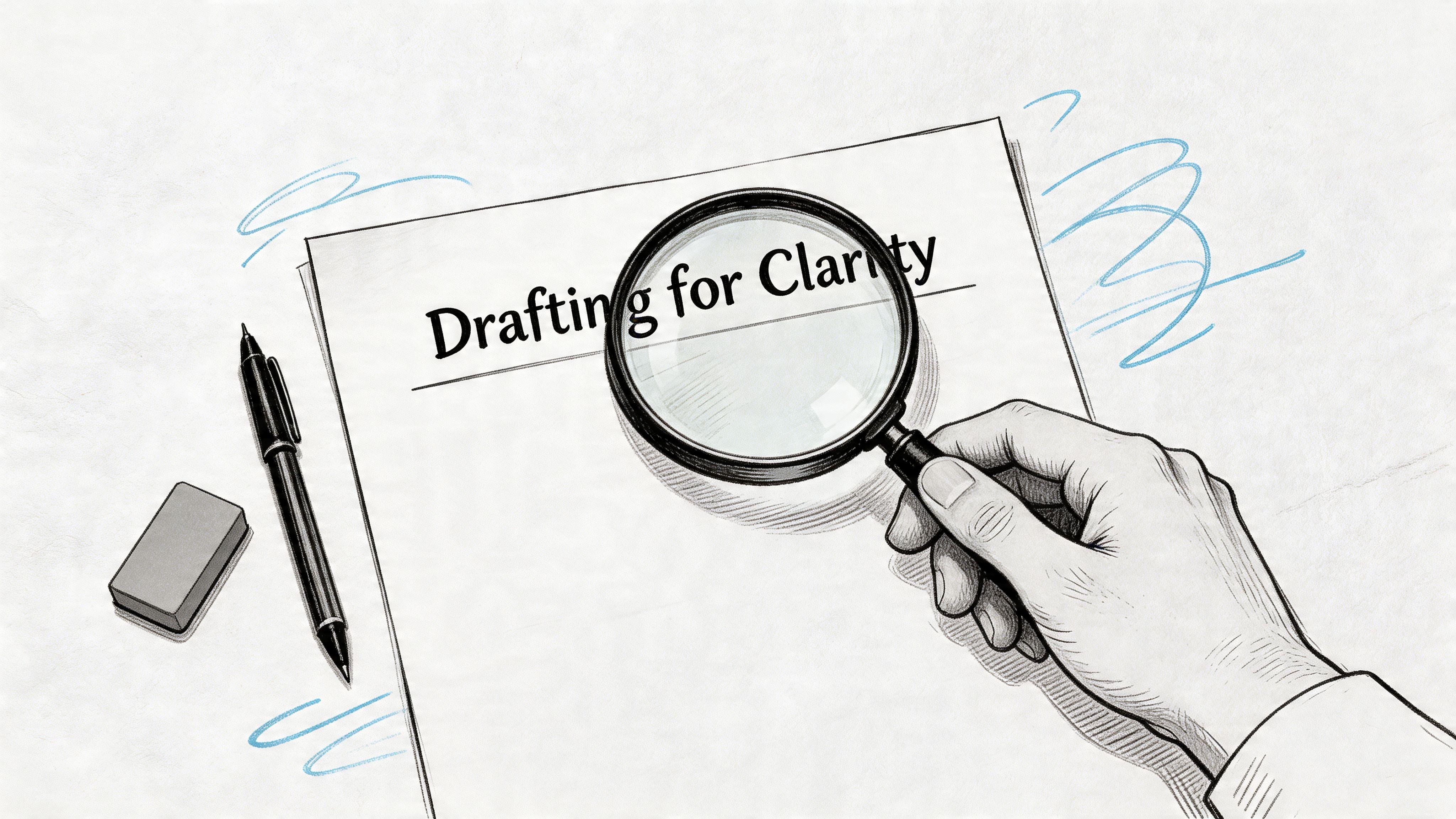 A hand using a magnifying glass to examine a document titled Drafting for Clarity on white paper.
