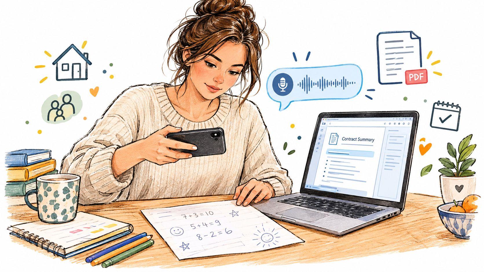A woman using her smartphone to capture an image while working on her laptop in a study.