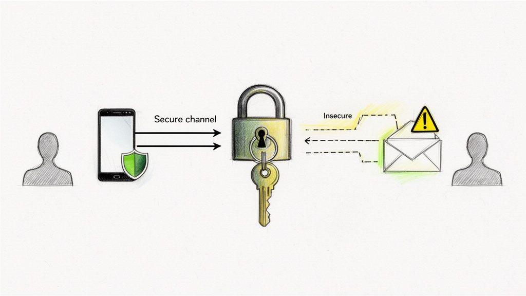 Illustration contrasting secure digital communication via an encrypted channel with insecure message transmission.