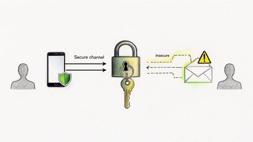 Illustration contrasting secure digital communication via an encrypted channel with insecure message transmission.