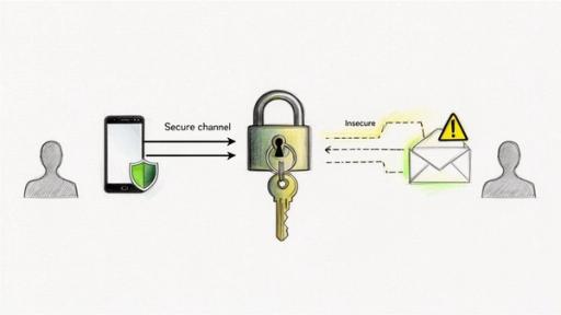 Illustration contrasting secure digital communication via an encrypted channel with insecure message transmission.