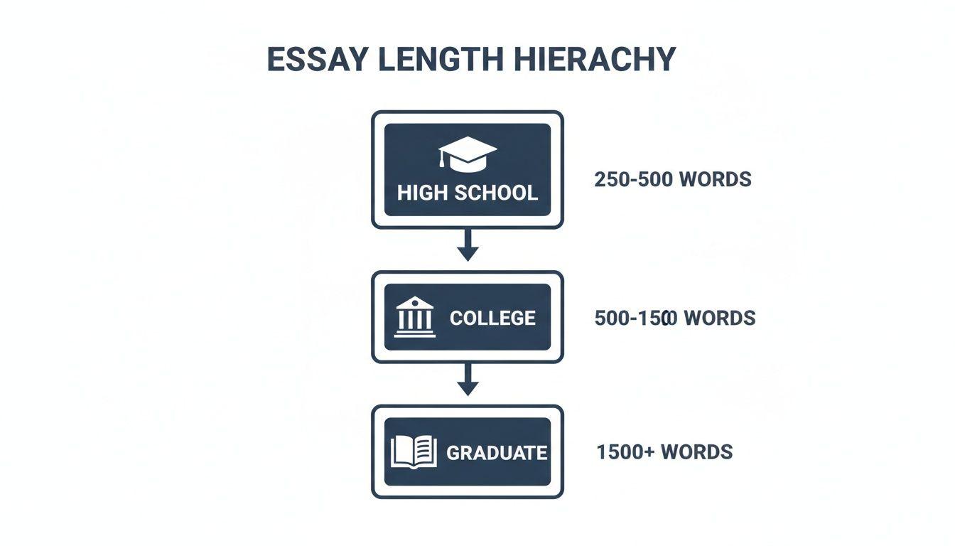 An essay length hierarchy diagram showing recommended word counts for high school, college, and graduate levels.