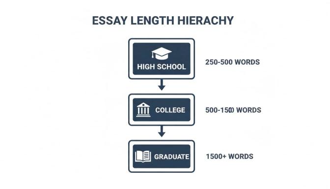 An essay length hierarchy diagram showing recommended word counts for high school, college, and graduate levels.