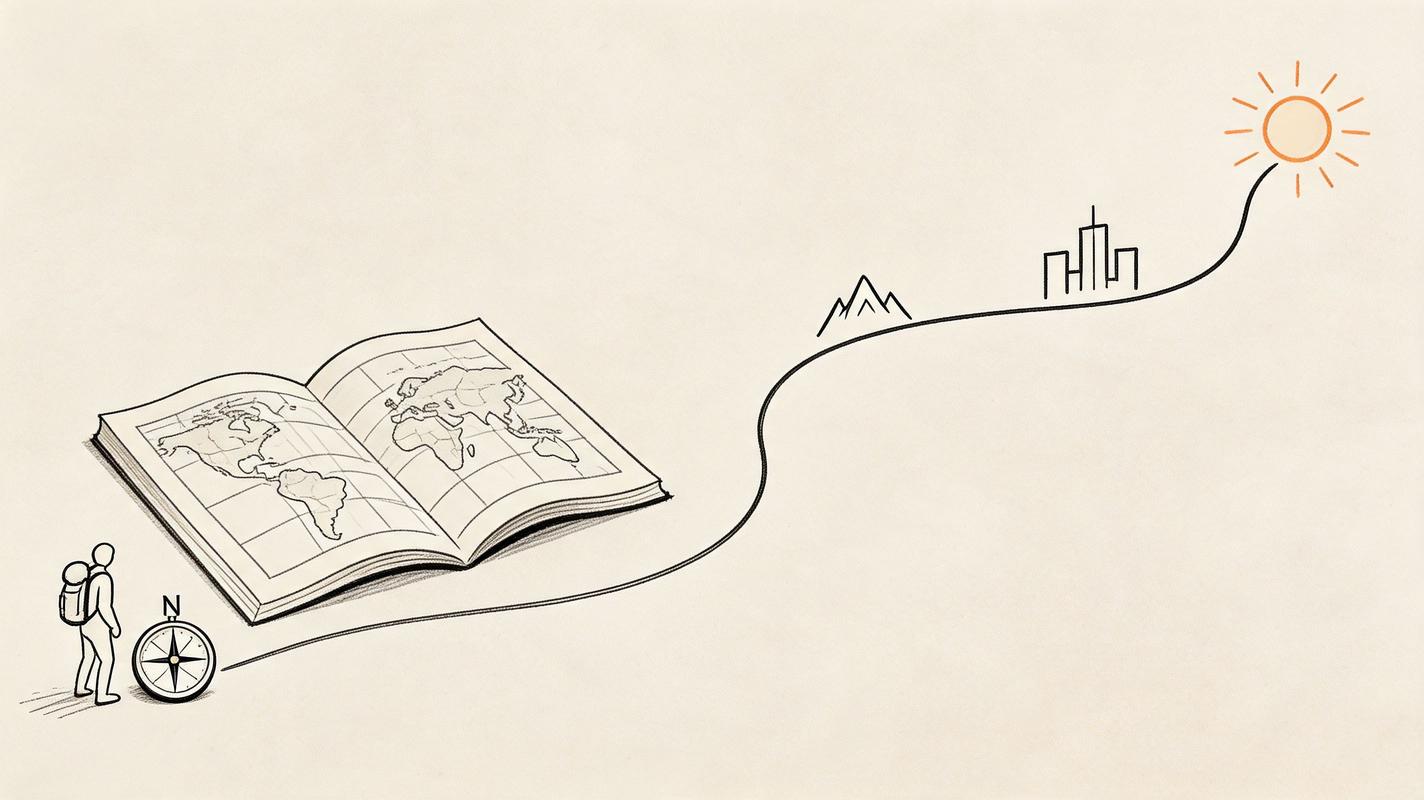 A line illustration shows a hiker with a compass and world map walking towards mountains, city, and sun.