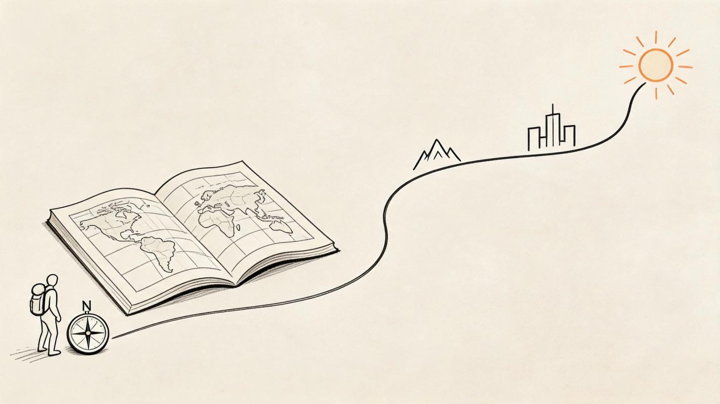 A line illustration shows a hiker with a compass and world map walking towards mountains, city, and sun.