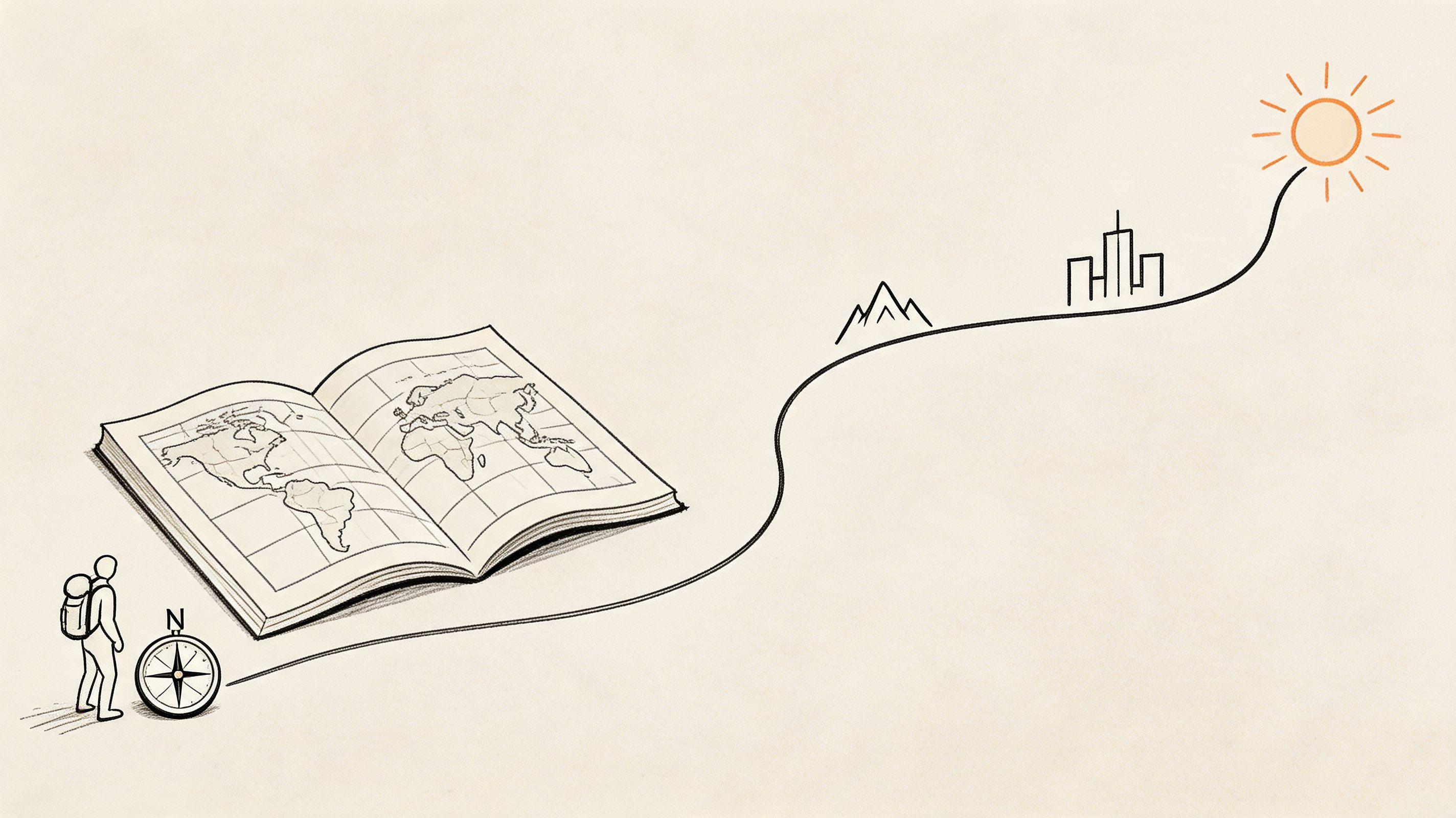 A line illustration shows a hiker with a compass and world map walking towards mountains, city, and sun.