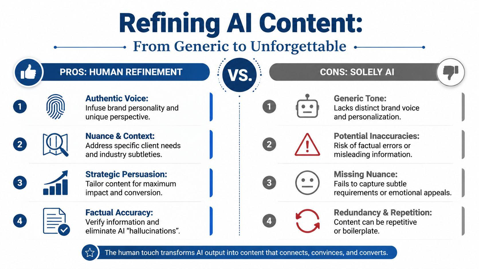 A comparison infographic showing the benefits of human refinement versus the drawbacks of using solely AI-generated content.