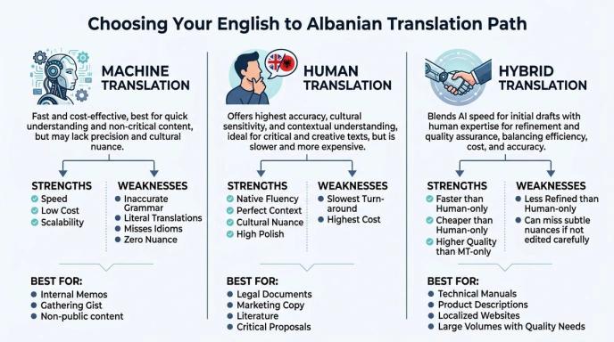 A comparison chart outlining machine, human, and hybrid translation paths for English to Albanian translation services.