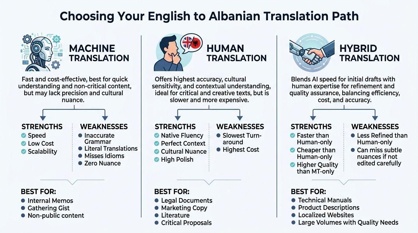 A comparison chart outlining machine, human, and hybrid translation paths for English to Albanian translation services.