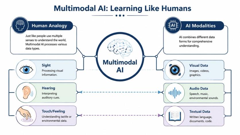 A diagram comparing human senses to multimodal AI modalities including visual, auditory, and textual data processing.