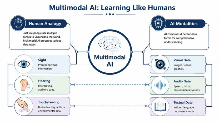 A diagram comparing human senses to multimodal AI modalities including visual, auditory, and textual data processing.