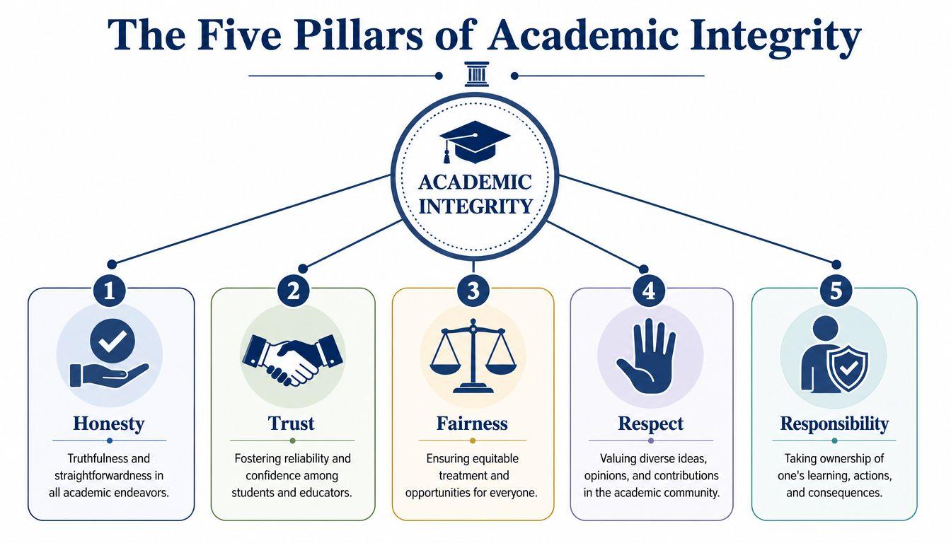 An infographic titled The Five Pillars of Academic Integrity showing honesty, trust, fairness, respect, and responsibility.