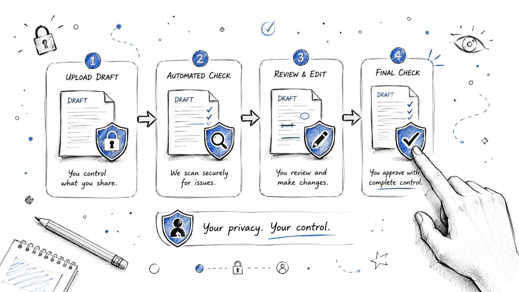 A hand-drawn illustration showing a four-step document review process emphasizing user privacy and control over shared data.