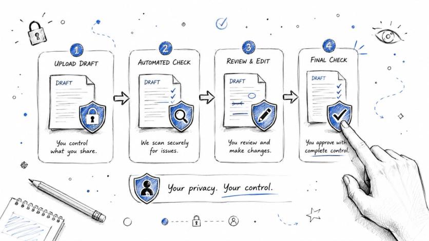 A hand-drawn illustration showing a four-step document review process emphasizing user privacy and control over shared data.
