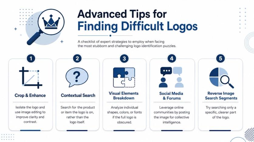 An infographic titled Advanced Tips for Finding Difficult Logos, displaying five expert strategies for identifying obscure brand images.