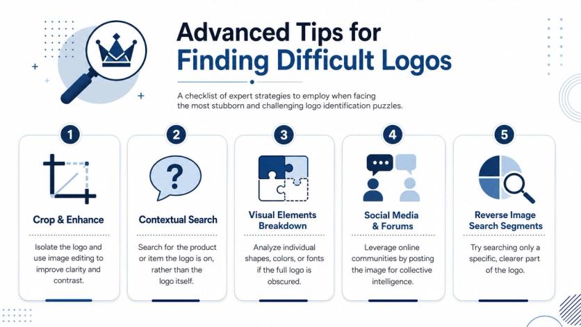 An infographic titled Advanced Tips for Finding Difficult Logos, displaying five expert strategies for identifying obscure brand images.