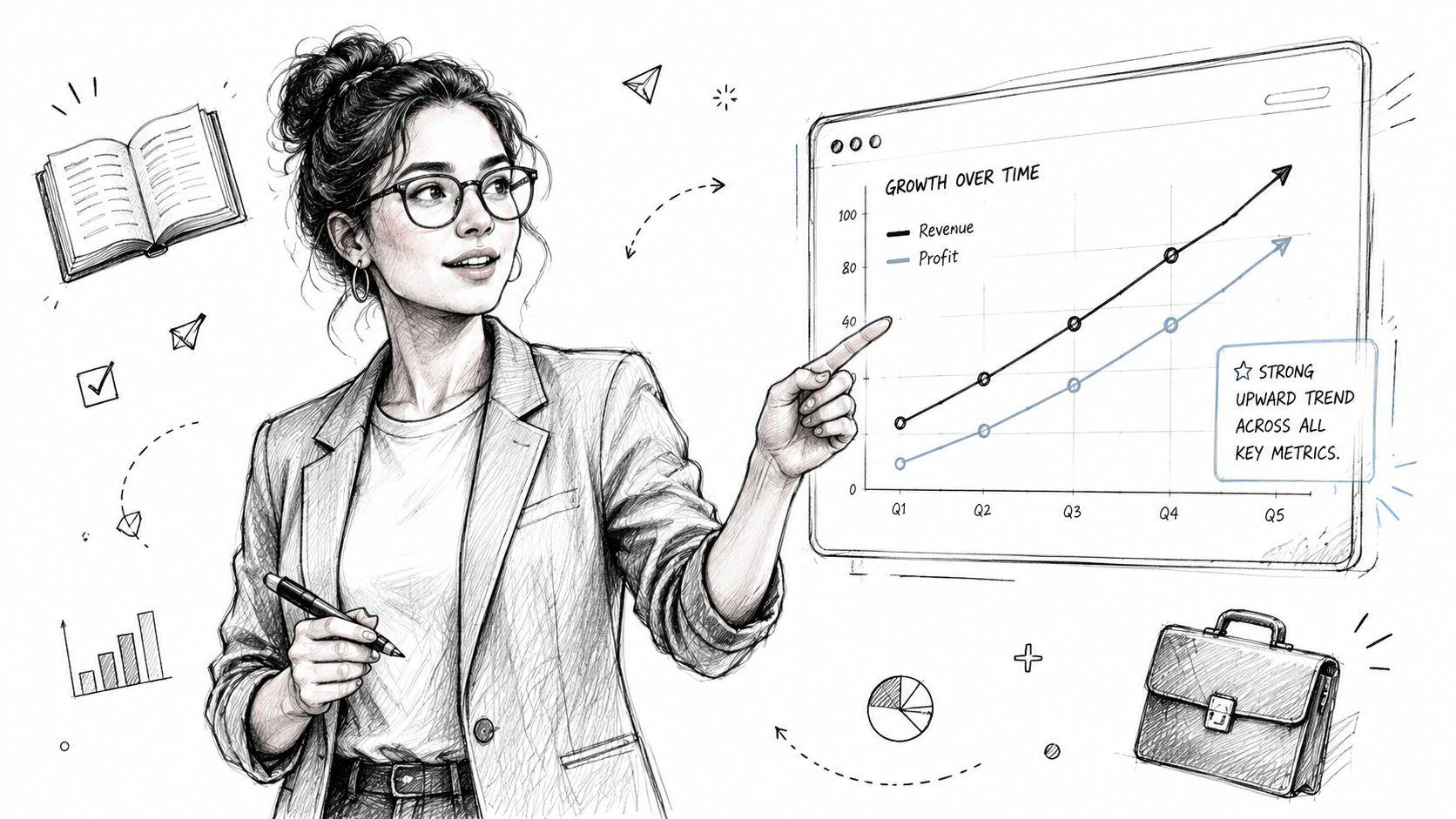 A professional woman in a blazer pointing at a line graph showing revenue and profit growth.