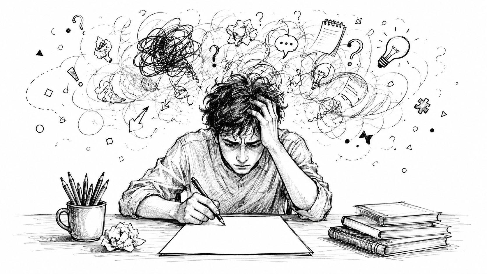 A stressed student writing on paper with a chaotic cloud of thoughts and symbols overhead.