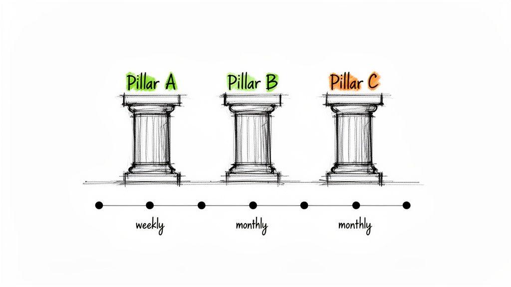 Three pillars labeled A, B, C, represent a content strategy with weekly and monthly frequencies.