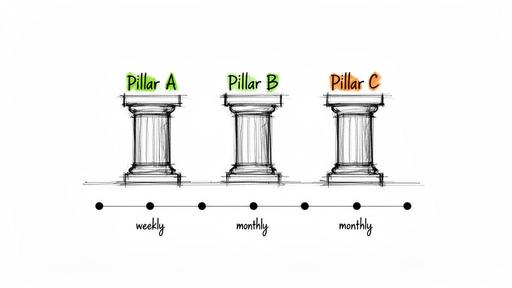 Three pillars labeled A, B, C, represent a content strategy with weekly and monthly frequencies.