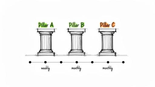 Three pillars labeled A, B, C, represent a content strategy with weekly and monthly frequencies.