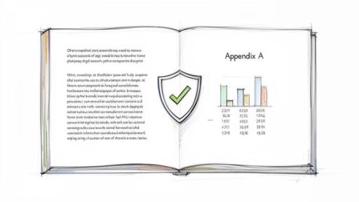 A sketched open book featuring Appendix A with text, a shield icon, bar chart, and data.
