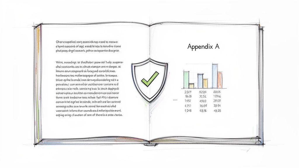 A sketched open book featuring Appendix A with text, a shield icon, bar chart, and data.