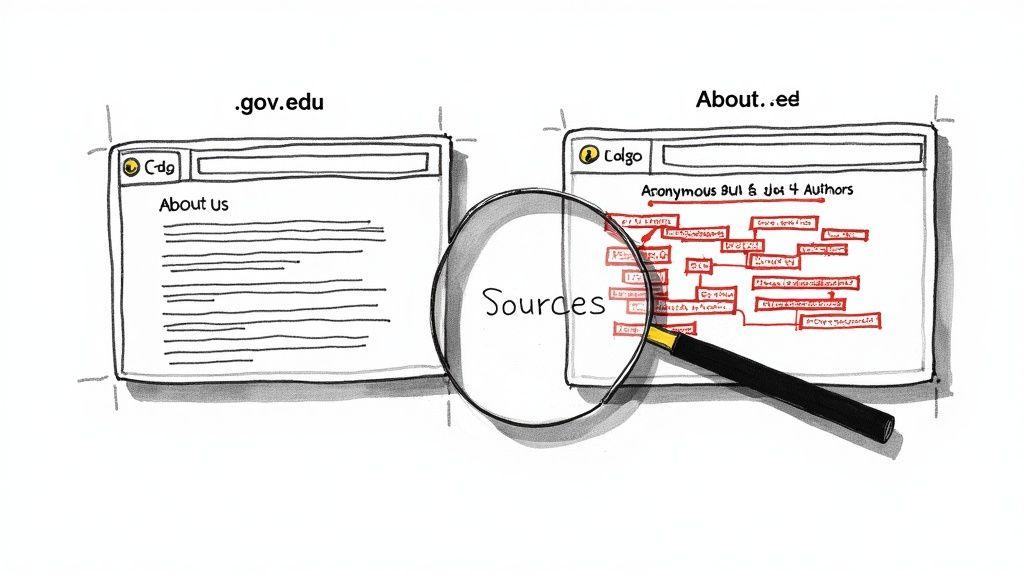 A magnifying glass over two browser windows compares a .gov.edu site with an anonymous source.