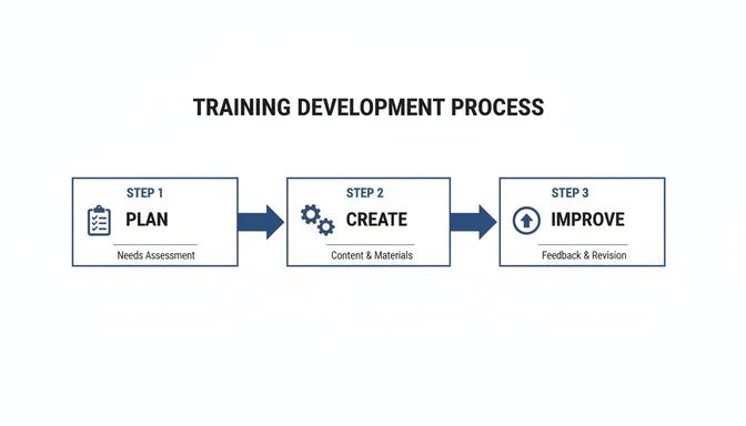 A three-step training development process flow chart illustrating planning, creating, and improving stages.
