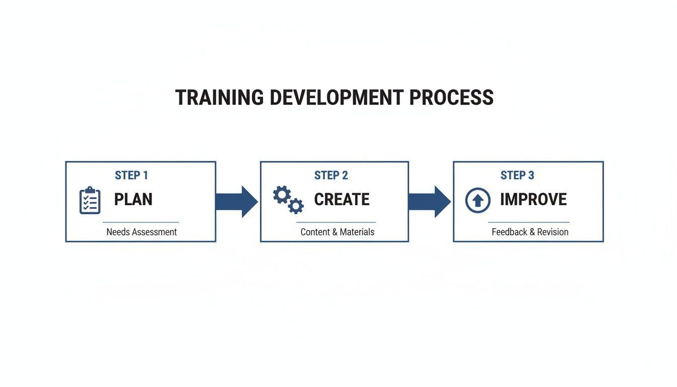 A three-step training development process flow chart illustrating planning, creating, and improving stages.