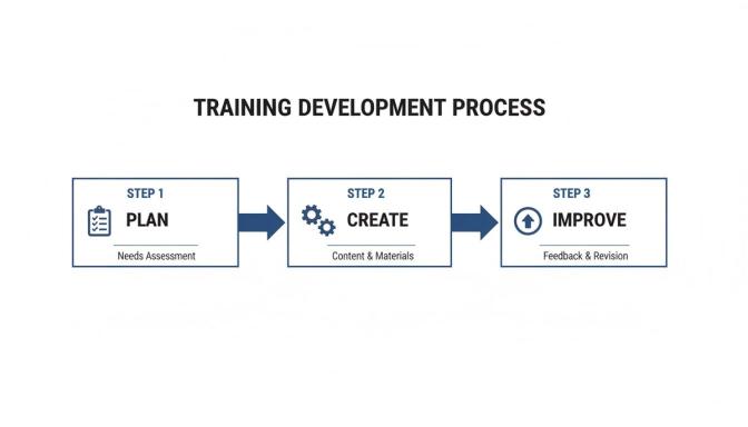 A three-step training development process flow chart illustrating planning, creating, and improving stages.