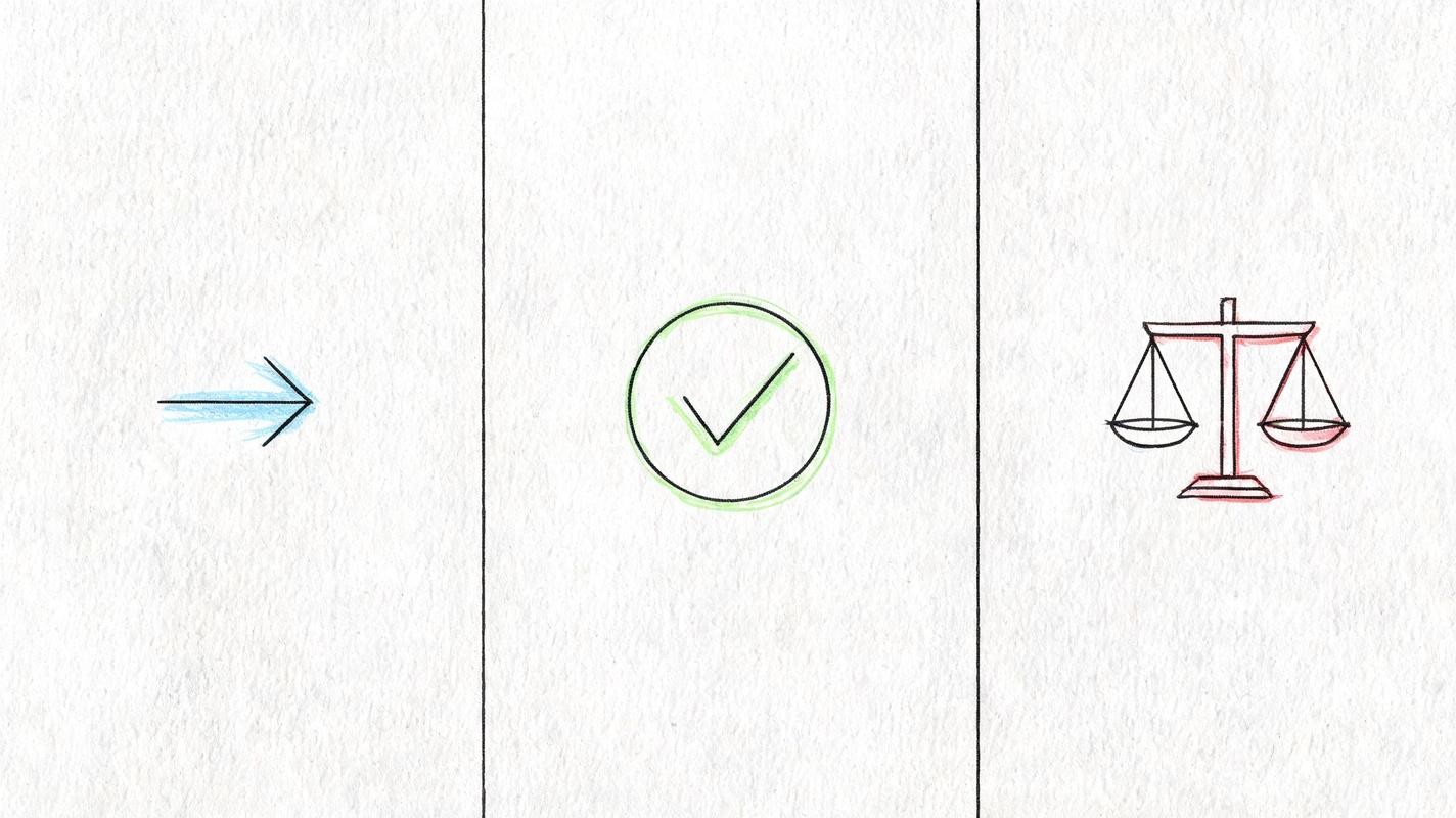 A hand-drawn illustration showing an arrow pointing to a checkmark inside a circle and a balance scale.