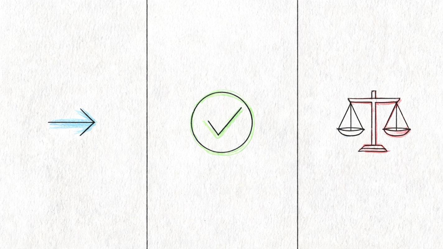 A hand-drawn illustration showing an arrow pointing to a checkmark inside a circle and a balance scale.