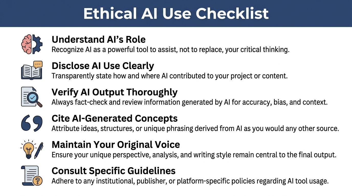 An infographic checklist outlining six ethical guidelines for the responsible and transparent use of AI tools.